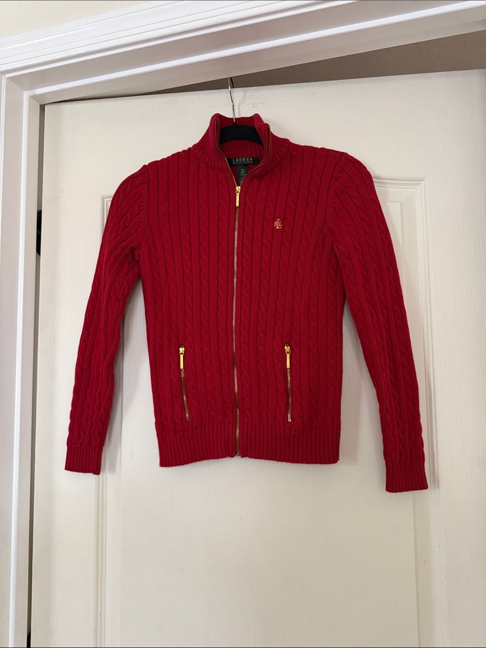 Ralph Lauren Red Cable Zip-Up Sweater with Gold Hardware